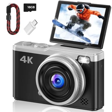 Appareil Photo Numérique 4K Digital - Maxmango 64MP Appareils Numérique avec Écran Rabattable 180° - 2.4" Camera pour Vlog avec Carte 16GB - pour Débutants, Adolescents, Vlogging - Noir