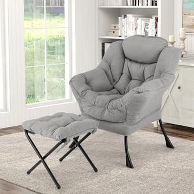 COSTWAY Fauteuil Salon Scandinave avec Repose-Pieds, Fauteuil Relax en Sherpa avec Oreiller et Poche Latérale, Fauteuil Chambre pour Lecture, Cadre en Métal pour Charger 150 KG (Gris)