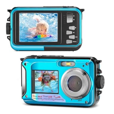 Helangel Appareil Photo Etanche Numérique,Full HD 2.7K 24MP Caméra sous-Marine Zoom Digital 16x Camera Etanche avec Double écran Caméra pour Adolescents Élèves Débutants Bleu