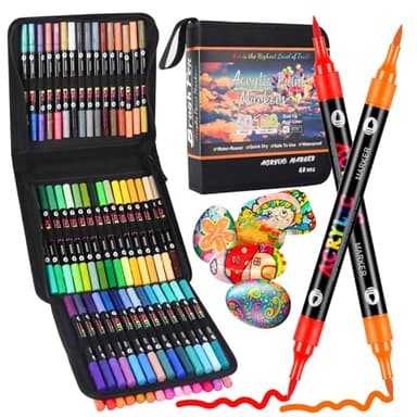 TrendGate 120 Couleurs 60 stylos Feutre Acrylique, Feutre Peinture Acrylic Double Pointe Pinceau, Marqueur Acrylique Pour Papier, Verre, Galet, Métal, Plastique, Bois, Oeuf, Céramique, Textile