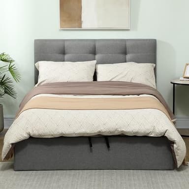HOMCOM Lit Coffre 140 x 190 cm, Cadre de lit Double rembourré avec sommier à Lattes en Bois et Rangement caché, tête de lit capitonnée en Tissu Aspect Lin, supporte jusqu'à 500 kg, sans Matelas, Gris