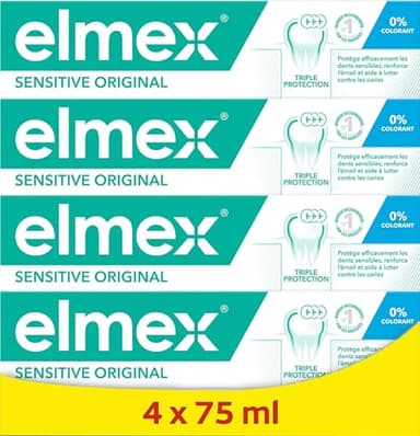 ELMEX - Dentifrice Elmex Sensitive Original 0 % Colorants - Dents Sensibles, Gencives Douloureuses, Protection de l'Email - lot de 4X75 ml