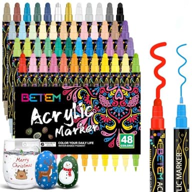 Betem 48 Couleurs Feutre Acrylique à Double Pointe, Stylo Marqueur Peinture Acrylique pour Bois, Toile, Pierre, Tissu, Peinture sur Roche, Verre, Surfaces en Céramique, Objets Artisanaux DIY