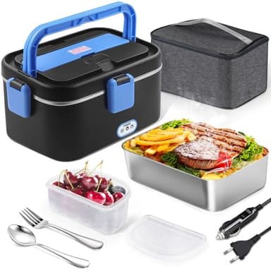 AUTOPkio Gamelle Chauffante 1,8L, 12V 24V 220V 80W Boîte à Lunch Electrique avec Sac Acier Inox Fourchette Cuillère pour Bureau Voiture Camion (Noir-Bleu)