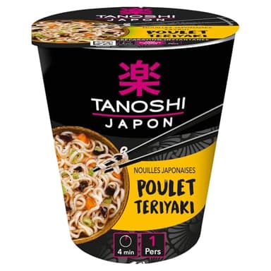 TANOSHI - Cup Nouilles Japonaises Instantanées - Saveur Poulet Teriyaki - Élaborées à Base de Blé - Inspirées des Recettes Traditionnelles - Prêtes en 3 Minutes - 65g