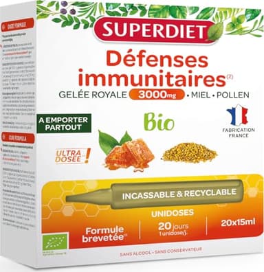 SUPERDIET- GÉLEE ROYALE 3000MG BIO- Défenses immunitaires, Vitalité - Formule Brevetée - Format nomade - 20 Unidoses de 15 ml