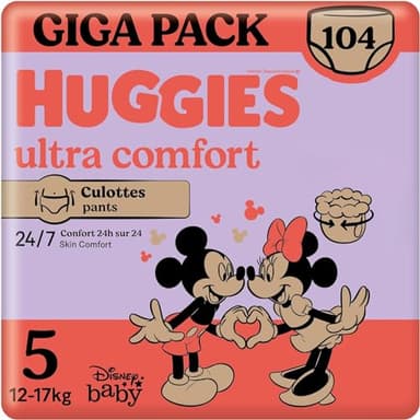 HUGGIES Ultra Comfort - Culottes bébé Taille 5 (12kg-17kg) - 2 paquets de 52 couches - ceinture ultra douce - absorbtion rapide - sans parfum ni chlore - sans latex - facile à mettre et à enlever