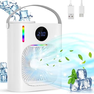 Climatiseur Mobile, Climatiseur Portable Silencieux 900ML, 4 en 1 Refroidisseur d'Air, USB Mini Air Climatiseur Ventilateur, 3 Vitesses, 2 Modes de Brumisation, pour Chambre