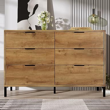 Merax Commode à 6 tiroirs 120 cm, buffet avec beaucoup d'espace de rangement, armoire à tiroirs en chêne foncé, pieds en métal réglables, pour chambre, salon, 120 x 40 x 76 cm