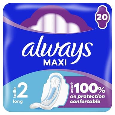 Always Maxi Serviettes Hygiéniques, Taille 2, Long, 20 Serviettes Avec Ailettes, Flux Très Abondants Jour, Cœur Ultra Absorbant et Barrières Anti-Fuites