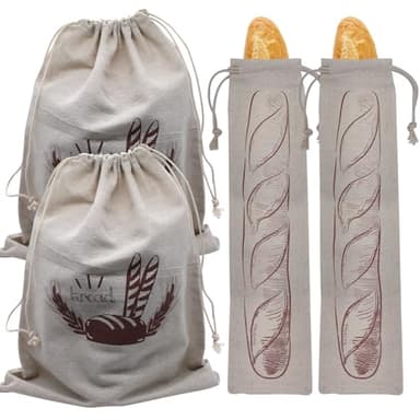 AIMEKE 4 Pièces Sac à Pain Coton Lin Biologique Sacs à Pain Réutilisables Sacs à Pain en Lin avec Cordon de Serrage pour Pain Fruits Légumes (29 × 38,5 cm /14,4 × 65 cm)