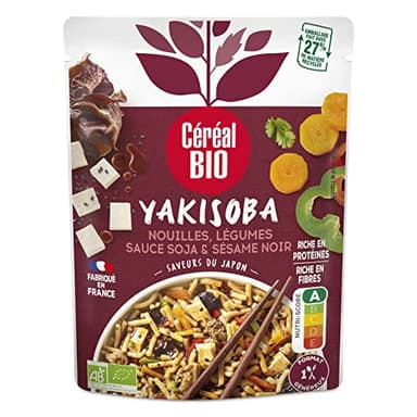 CÉRÉAL BIO – Yakisoba Végétarien Bio – Nouilles, Légumes, Sauce Soja & Sésame Noir – Plat Cuisiné Bio Individuel – Repas Prêt à Réchauffer en 2 min – Nutriscore A – 240 g