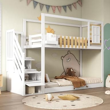 NuvlaGu Lit superposé avec escalier, 90 x 200 cm, en bois de pin massif, fenêtre et étagère, grille de protection anti-chute et 3 casiers dans l'escalier, blanc, lit d'enfant avec espace de rangement
