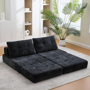 okwish Fauteuil Convertible 1 Place avec Matelas Pliable et Coussin - Structure Métal et MDF - Revêtement Chenille - Noir