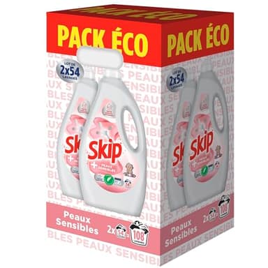 Skip - Lessive Liquide Peaux Sensibles - Contre les taches tenaces - Parfum léger et agréable - Testée dermatologiquement - 2x54 Lavages