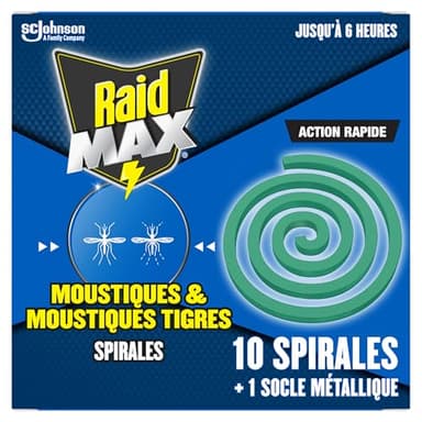 Raid Max Spirales - Anti-Moustiques & Moustiques Tigres - Action Rapide - Protection Efficace En Extérieur - 10 Spirales + 1 Socle Métallique