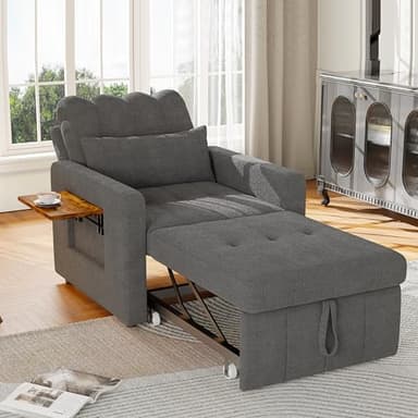 Canapé Lit Convertible 1 Place, 3 en 1 Fauteuil Convertible avec Fonction Lit, Dossier Réglable, Table D'appoint Pliante, Matelas, Coussin et Poches, Canape Lits Pliant pour Petit Appartement