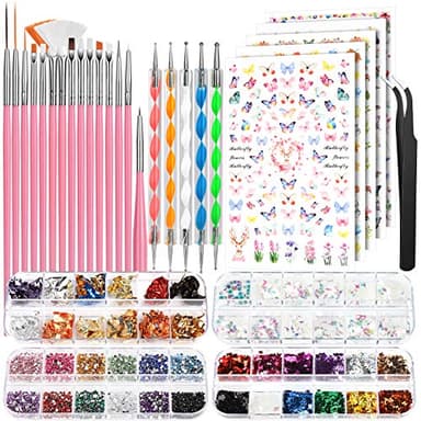 FANDAMEI Kit Nail Art - Pinceaux, Dotting Pens, Autocollants, Strass, Paillettes Papillon, Feuille d'Or pour Décoration d'Ongles (Rose)