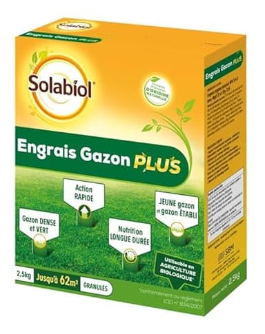 SOLABIOL Engrais Gazon Plus - 2,5 kg - Granulés - Jusqu'à 62m² - Nutrition Longue Durée - Gazon Dense & Vert - Action Rapide - Utilisable En Agriculture Biologique SOGAZPLUS25