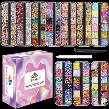 EBANKU 10 Boîtes Nail Studs 3D Nail Gems Perle Irisé Strass Nail Art Conseils Kit de décoration avec pincettes incurvées Cils Nail cire outil Picker pour Nail Art fournitures