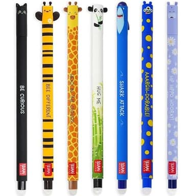 LEGAMI - Lot de 7 stylos gel effaçables avec encre thermosensible, gamme de couleurs d'encre et motifs de baril, pointe de 0,7 mm, motif chat, abeille, monstre, girafe, panda, requin, hippopotame