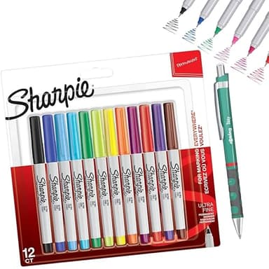 SHARPIE Lot de 12 marqueurs permanents à pointe ultra fine + stylo à bille Tikky