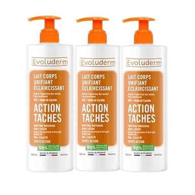 EVOLUDERM – Lait Corps Unifiant Éclaircissant Action Tâches – 500 ml – Ingrédients d’Origine Naturelle – Végan – Fabrication Française – Lot de 3 x 500 ml