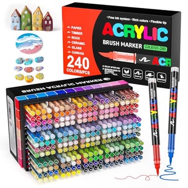 TrendGate 240 Couleurs Feutre Acrylique, Marqueur Peinture Acrylique Pinceau Pour Papier, Verre, Galet, Métal, Plastique, Bois, Oeuf, Céramique, Textile