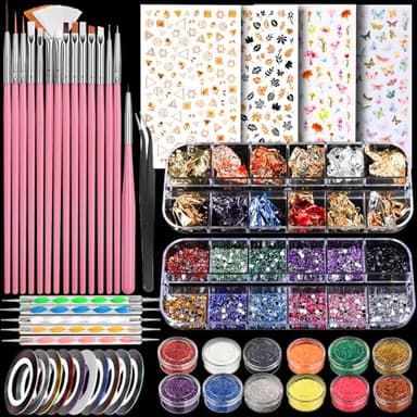 Teenitor Kit de nail art avec paillettes et autocollant à ongles, stylo à ongles pour nail art, outil de pointillage pour ongles en gel, ruban à rayures, pinceaux pour débutants