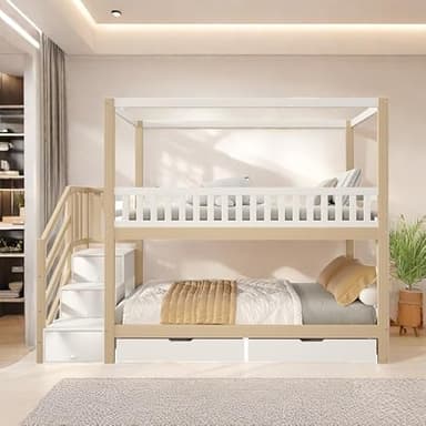 Zepneiy Lit superposé 90×200 cm, lit en Bois Massif Forme Maison, avec Rangement et échelle de sécurité, Coloris Blanc + Bois (Hors Matelas)