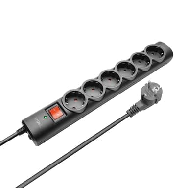Trust Multiprise Electrique 6 Prises, Prise Multiple 180 cm, Multiprise Parafoudre avec Protection Contre Les Surtensions et Interrupteur, Fiche Type F, Rallonge Electrique pour Bureau, Maison – Noir