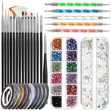FANDAMEI Kit de Nail Art Pinceau, 15 Pcs Pinceaux Ongles Nail Art Brosses Noir, 5 Pcs Dotting Pens Tool Nail Art, 10 Pcs Striping Tape Autocollant, 1 Boîte de Strass Colorés, 1 Boîte de Paillettes